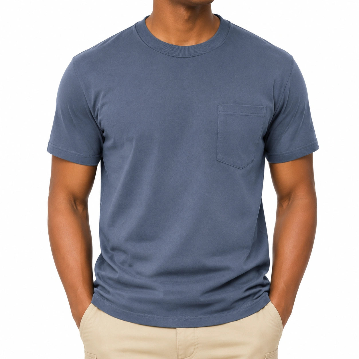 T-shirt uomo taglia M in tessuto blu con taschino girocollo a manica corta
