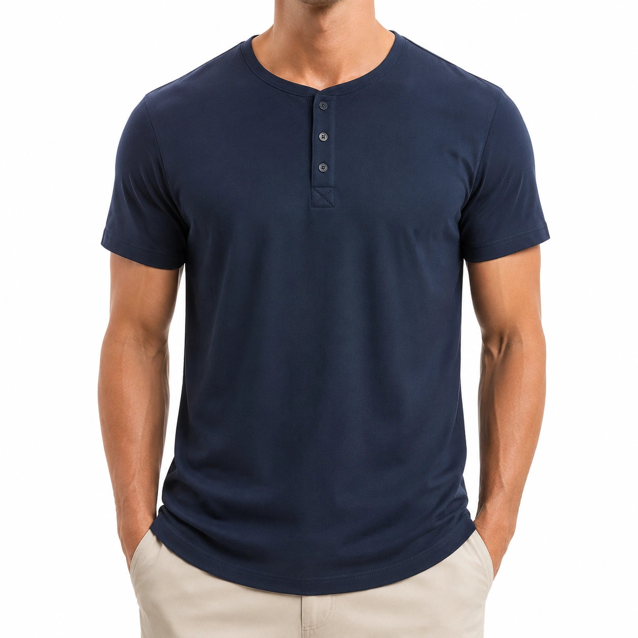 T-shirt uomo taglia M in tessuto blu navy a maniche corte con collo serafino