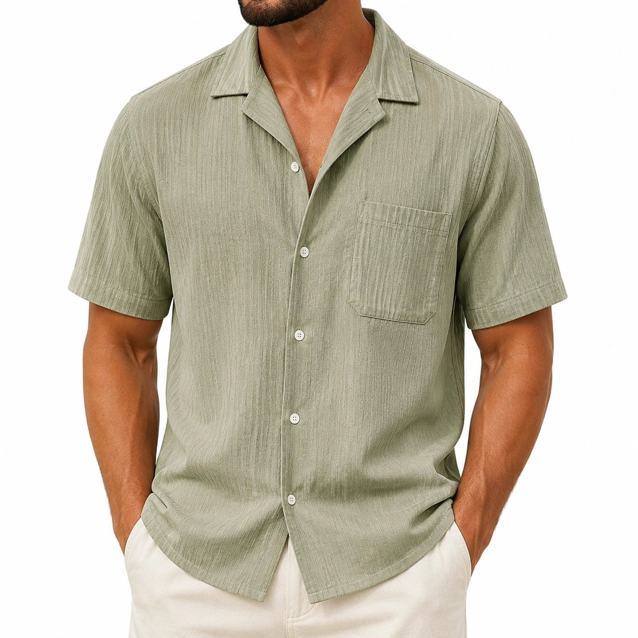Camicia uomo M in tessuto verde salvia a maniche corte stile casual