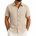 Camicia da uomo L in lino beige a maniche corte con taschino stile casual