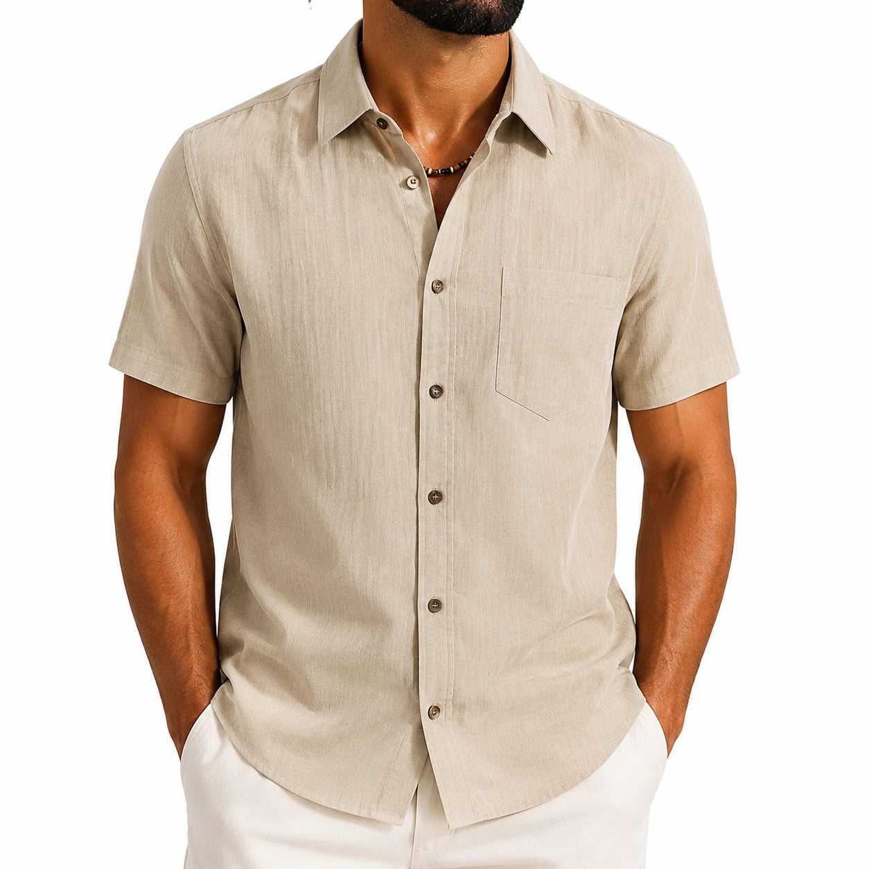 Camicia da uomo L in lino beige a maniche corte con taschino stile casual
