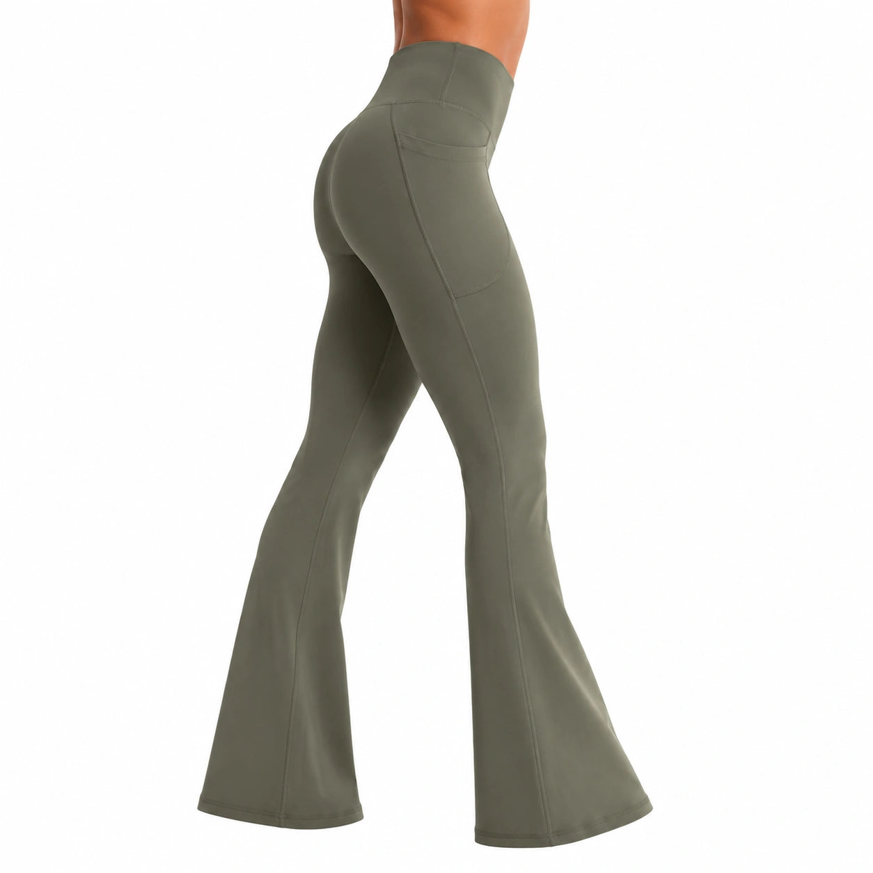 Leggings donna taglia S in tessuto elasticizzato verde oliva a vita alta con gamba svasata