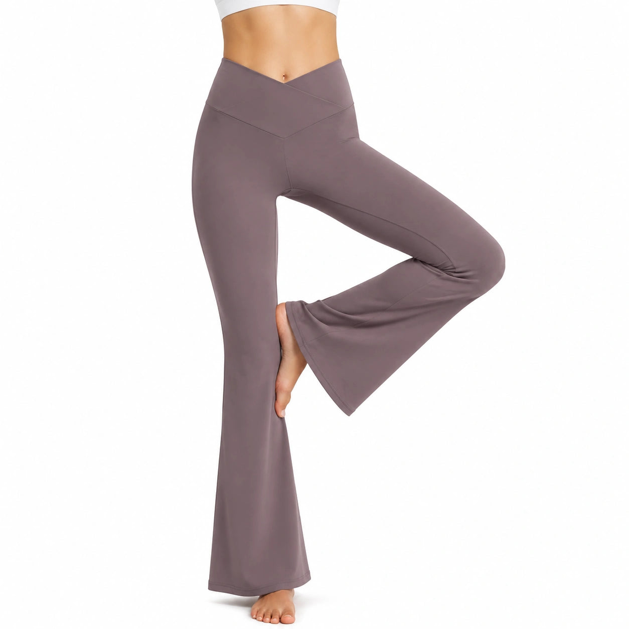 Leggings svasati donna L in tessuto elasticizzato tortora - vita alta per yoga