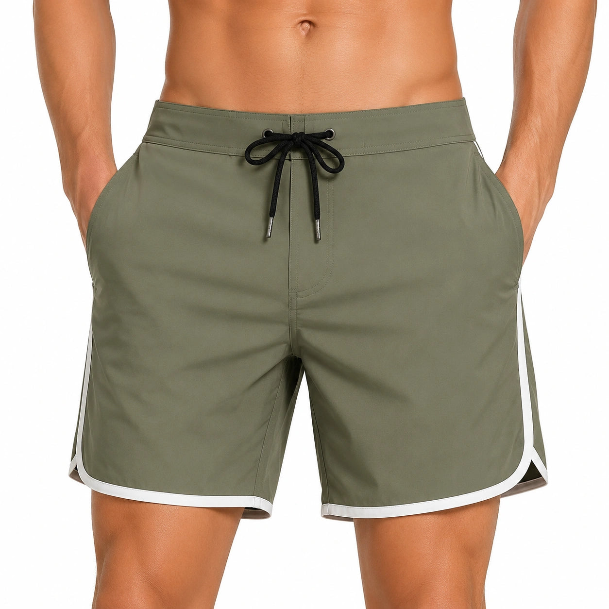 Costume da bagno uomo taglia M in tessuto sintetico verde oliva con coulisse e tasche stile sportivo