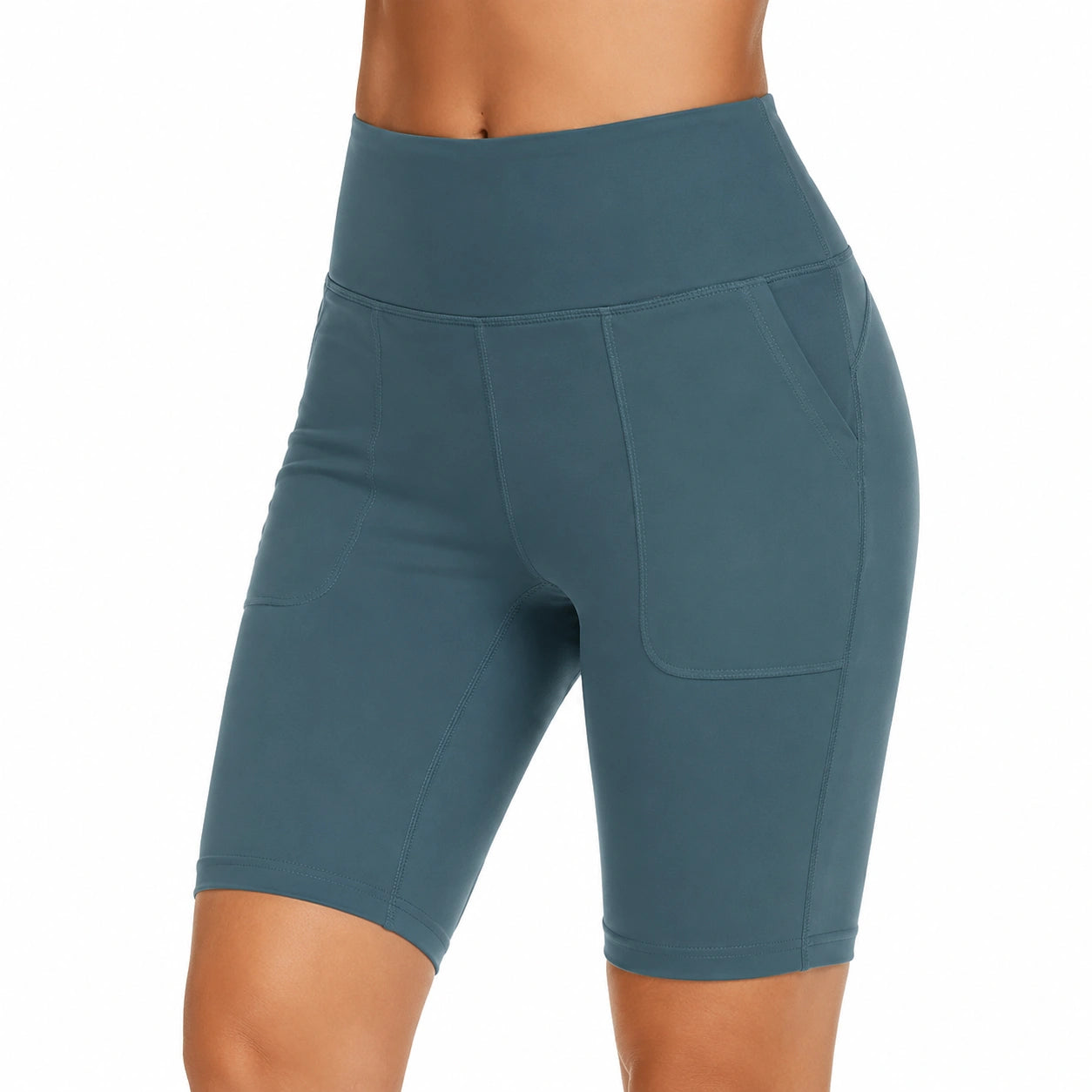 Pantaloncini ciclisti donna taglia S blu petrolio in tessuto elasticizzato con tasche a vita alta