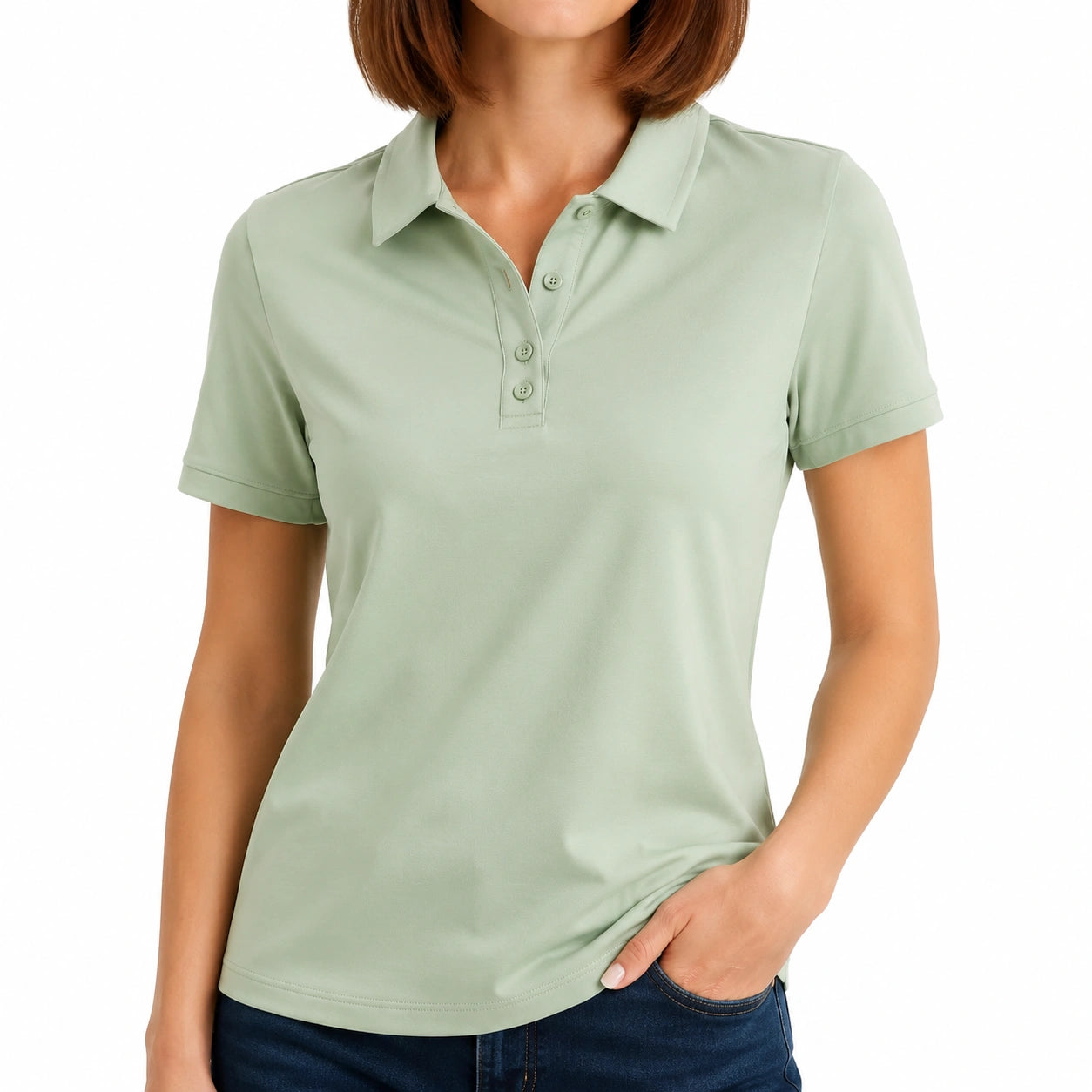 Polo donna taglia S in tessuto liscio verde salvia a maniche corte per look casual