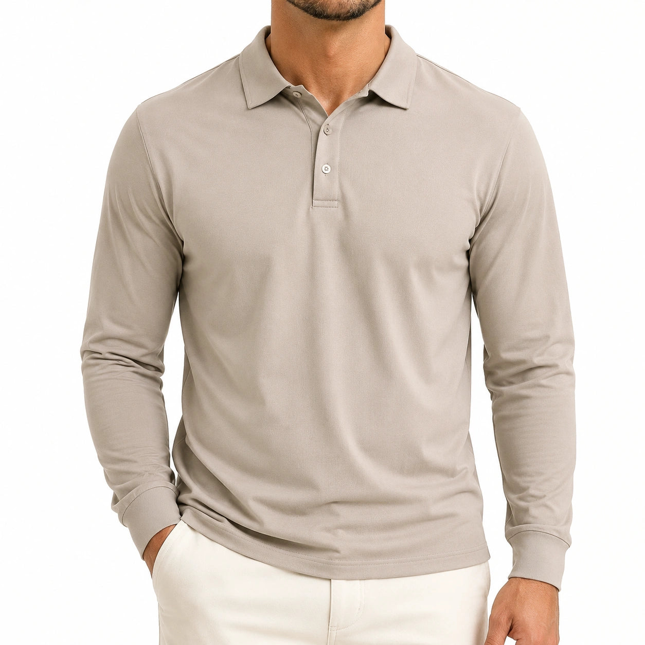 Polo da uomo taglia L in tessuto beige a maniche lunghe con colletto
