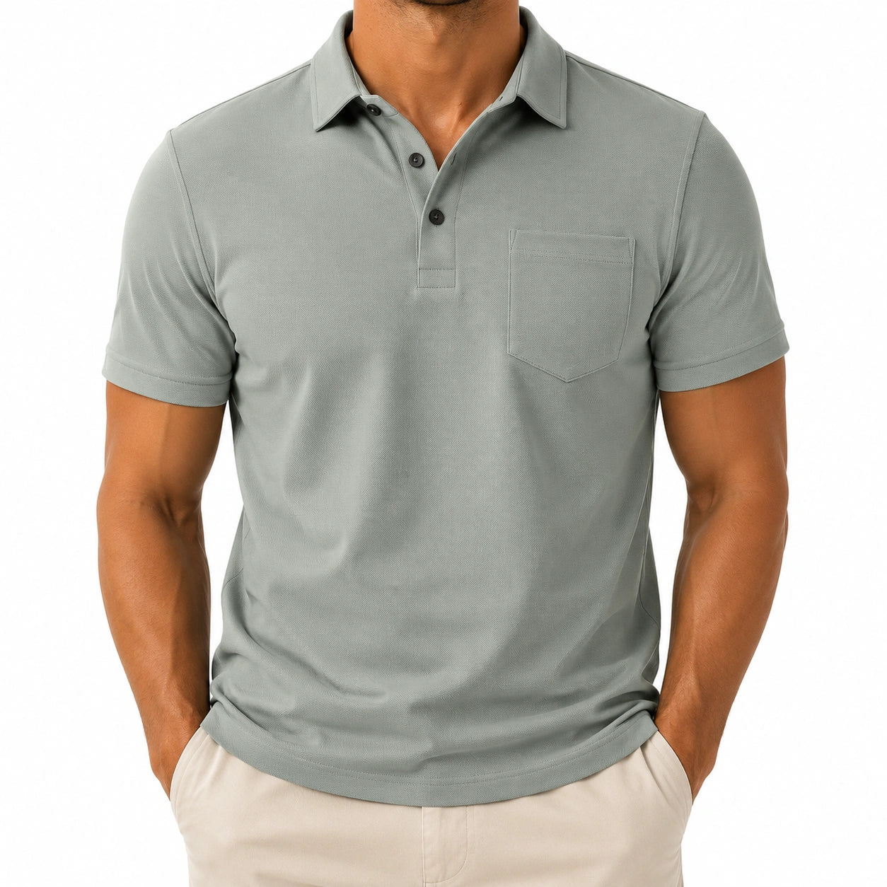 Polo da uomo taglia M in tessuto a maglia grigio salvia con taschino stile casual