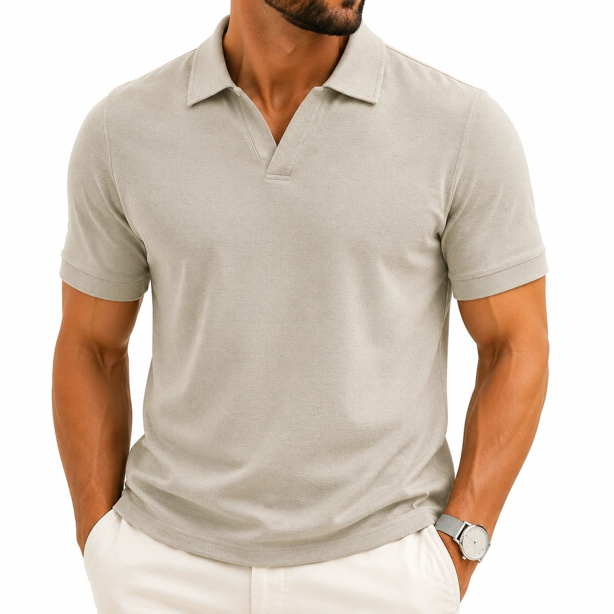 Polo uomo taglia L in tessuto beige a maniche corte stile casual