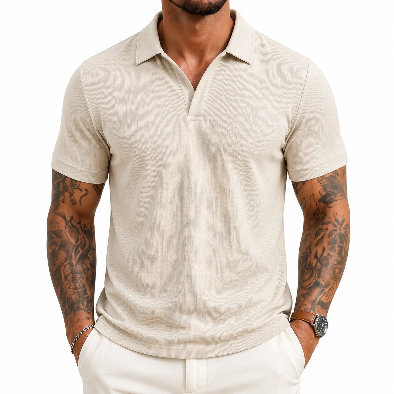 Polo da uomo taglia L in tessuto a coste beige - manica corta stile casual
