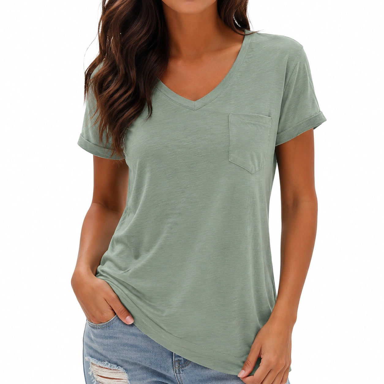 T-shirt da donna taglia S in tessuto verde salvia con scollo a V e taschino - maniche corte casual