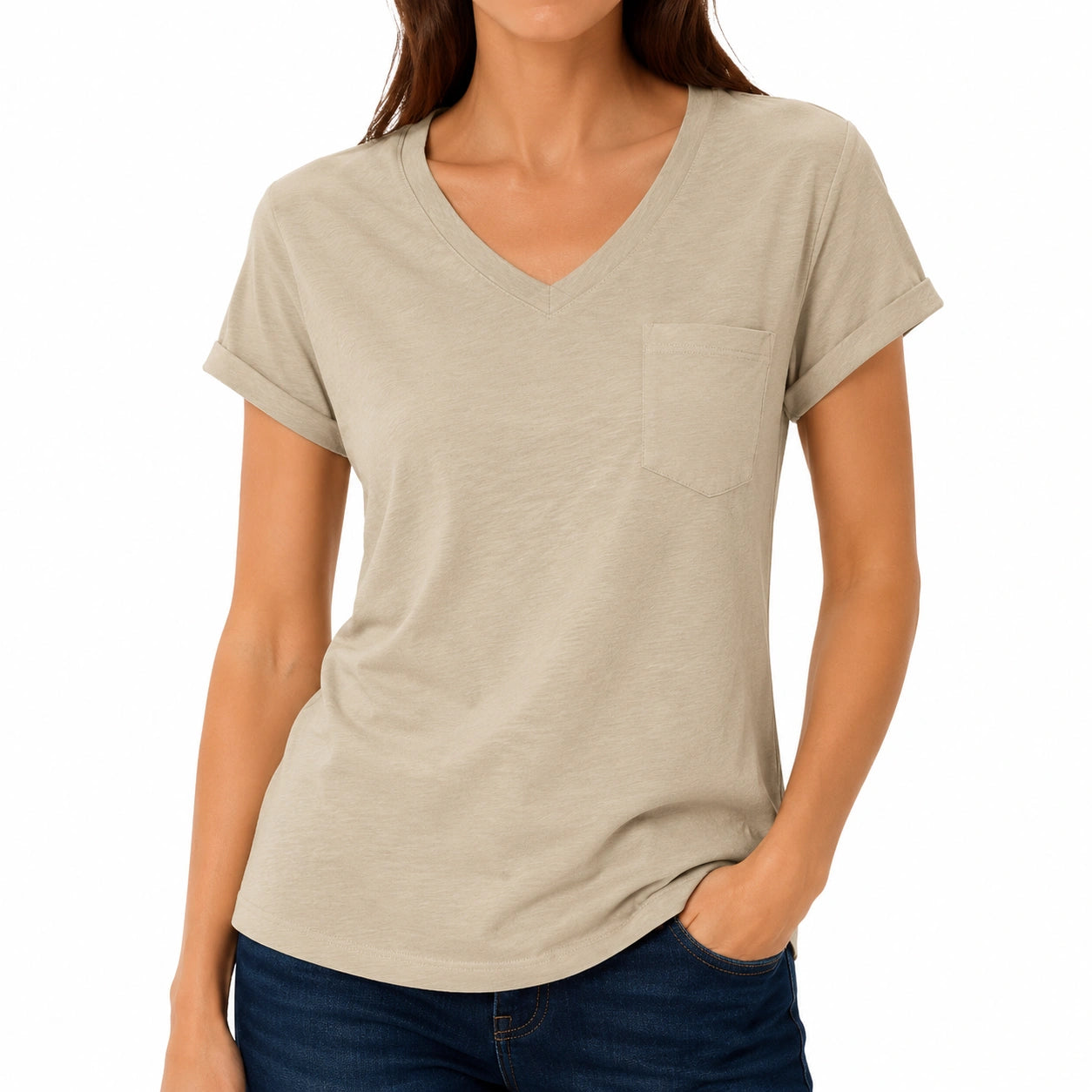 T-shirt donna taglia M in tessuto beige con scollo a V e taschino stile casual