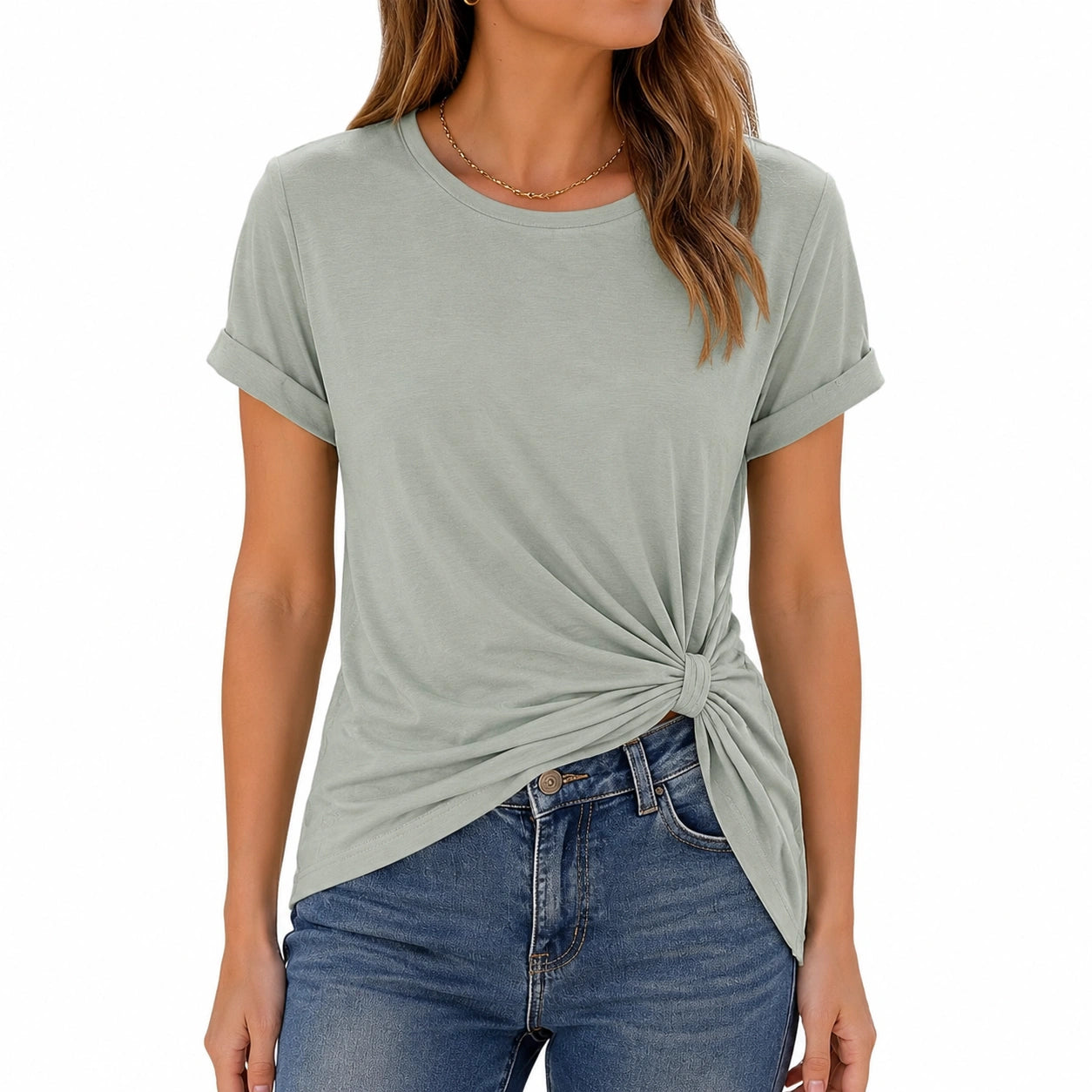 T-shirt donna M verde salvia in tessuto jersey con nodo laterale - maniche corte casual