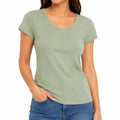 T-shirt da donna M verde salvia in tessuto a maglia - girocollo casual a manica corta